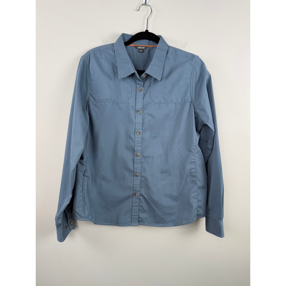 Orvis Women's XL Blue Button Down Outdoor Shirt Quilted Shoulder Long Sleeve